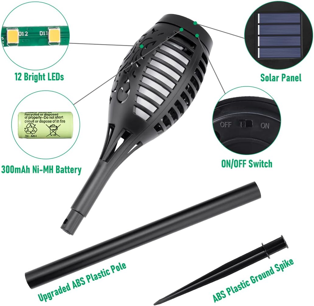 FlameLights - Solar Torch Lights Outdoor Flickering Flame, Weatherproof, Rechargeable, Garden, Patio - Warm White