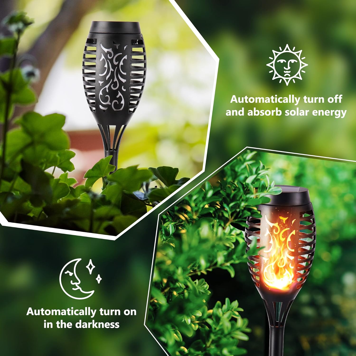 FlameLights - Solar Torch Lights Outdoor Flickering Flame, Weatherproof, Rechargeable, Garden, Patio - Warm White