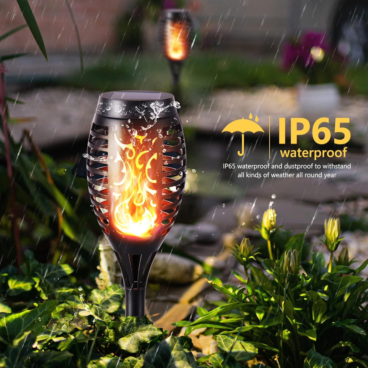 FlameLights - Solar Torch Lights Outdoor Flickering Flame, Weatherproof, Rechargeable, Garden, Patio - Warm White