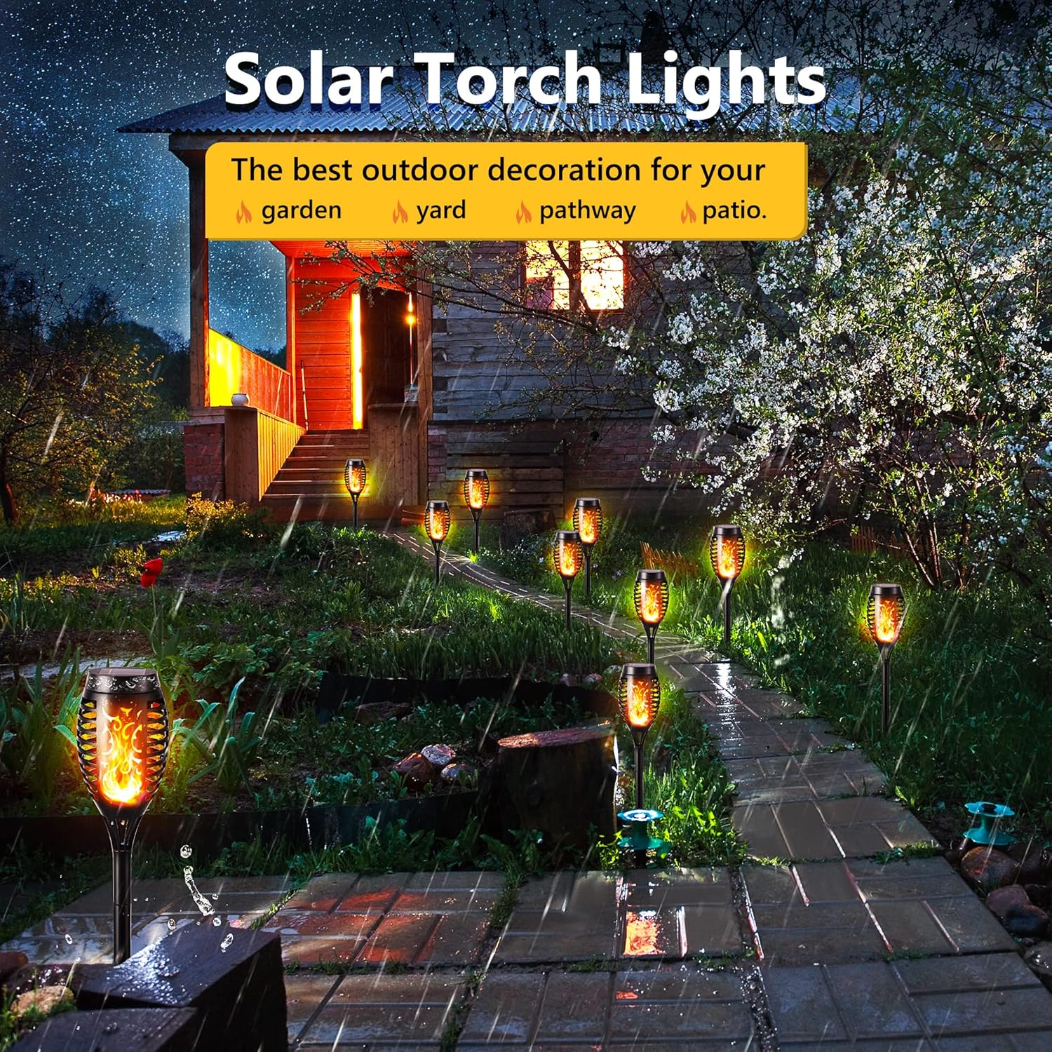 FlameLights - Solar Torch Lights Outdoor Flickering Flame, Weatherproof, Rechargeable, Garden, Patio - Warm White