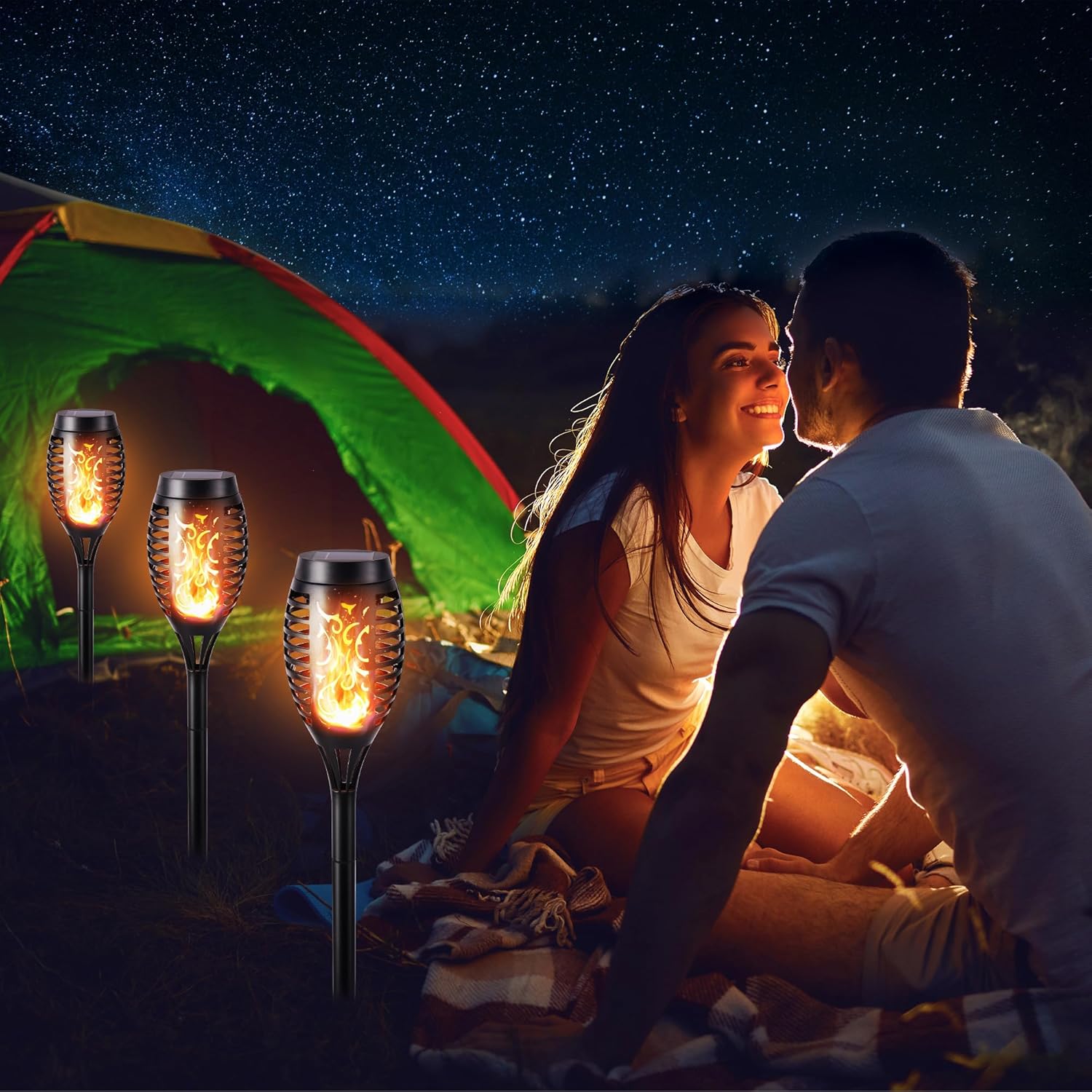 FlameLights - Solar Torch Lights Outdoor Flickering Flame, Weatherproof, Rechargeable, Garden, Patio - Warm White
