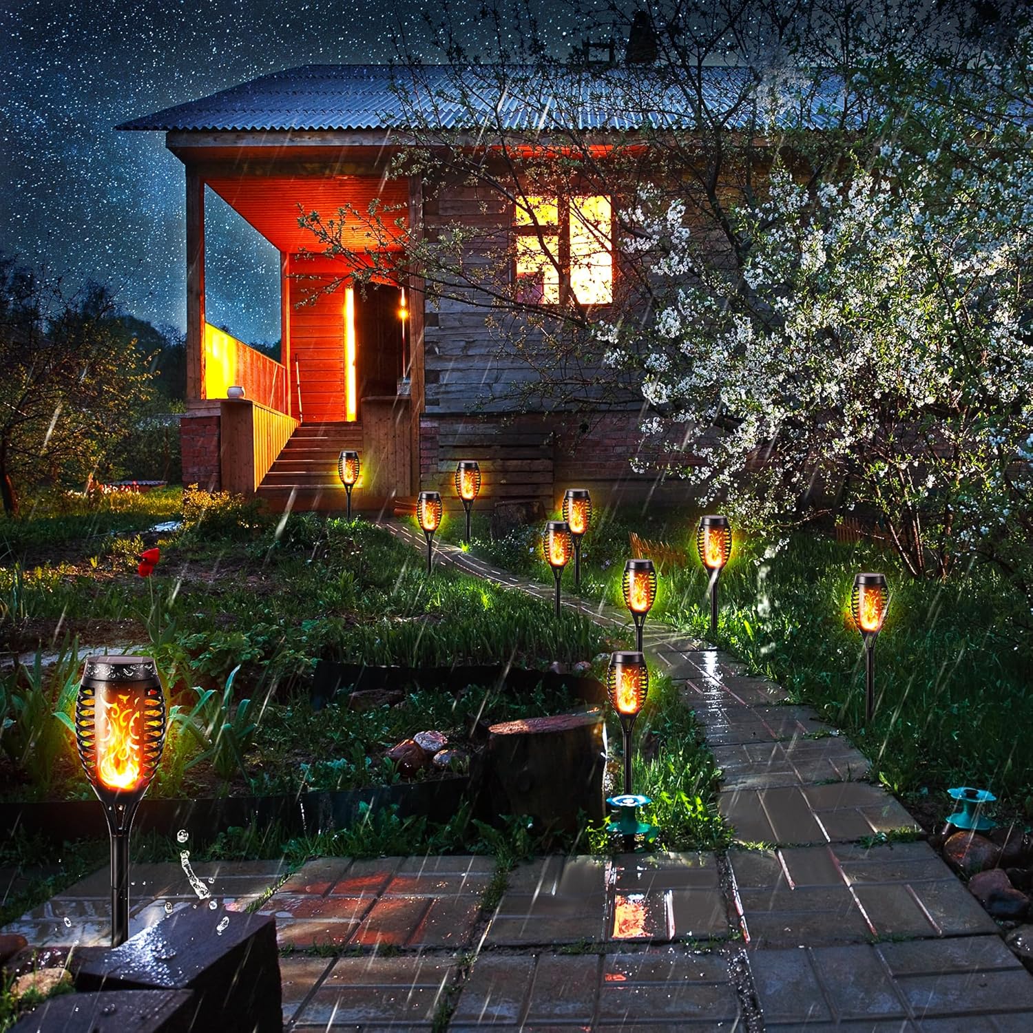 FlameLights - Solar Torch Lights Outdoor Flickering Flame, Weatherproof, Rechargeable, Garden, Patio - Warm White