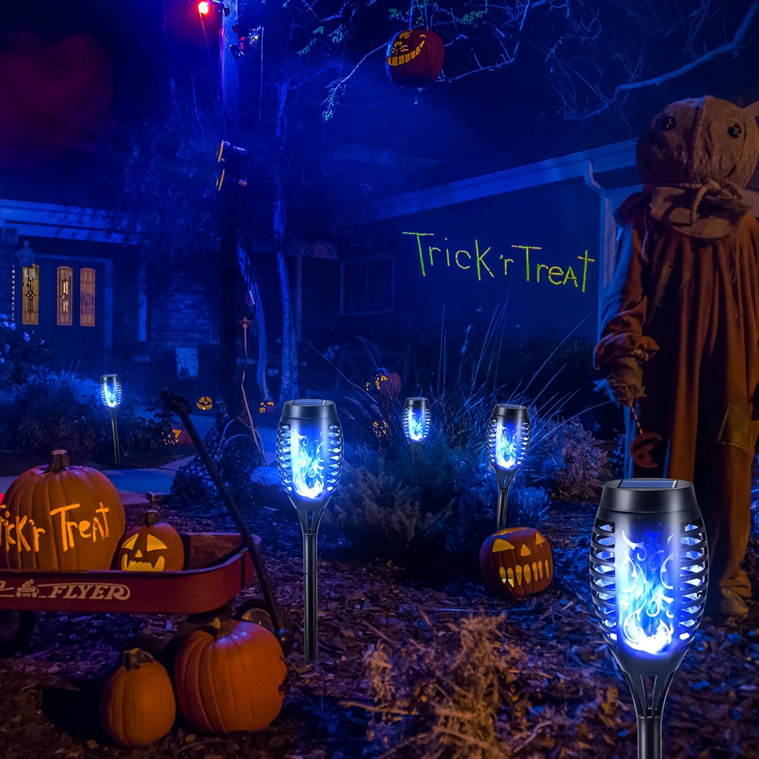 FlameLights - Solar Torch Lights Outdoor Flickering Flame, Weatherproof, Rechargeable, Garden, Patio - Blue