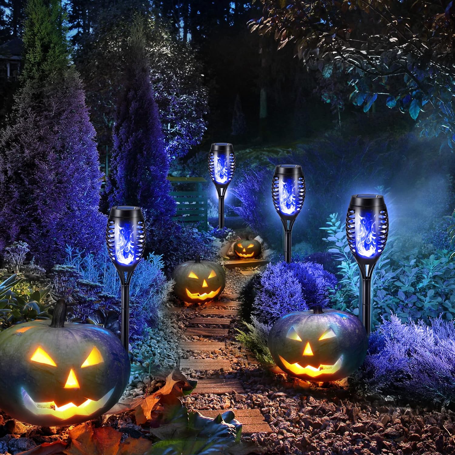 FlameLights - Solar Torch Lights Outdoor Flickering Flame, Weatherproof, Rechargeable, Garden, Patio - Blue