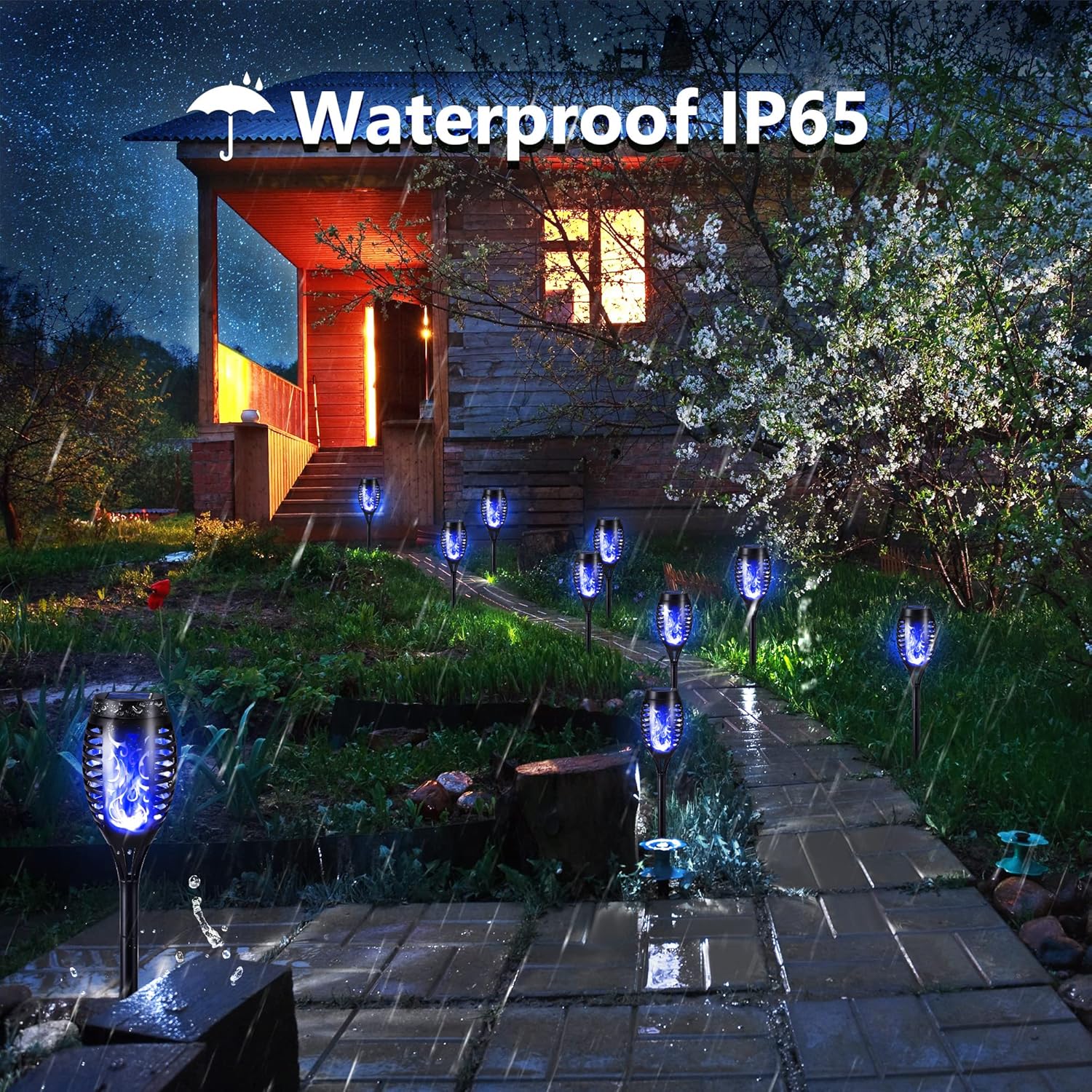 FlameLights - Solar Torch Lights Outdoor Flickering Flame, Weatherproof, Rechargeable, Garden, Patio - Blue