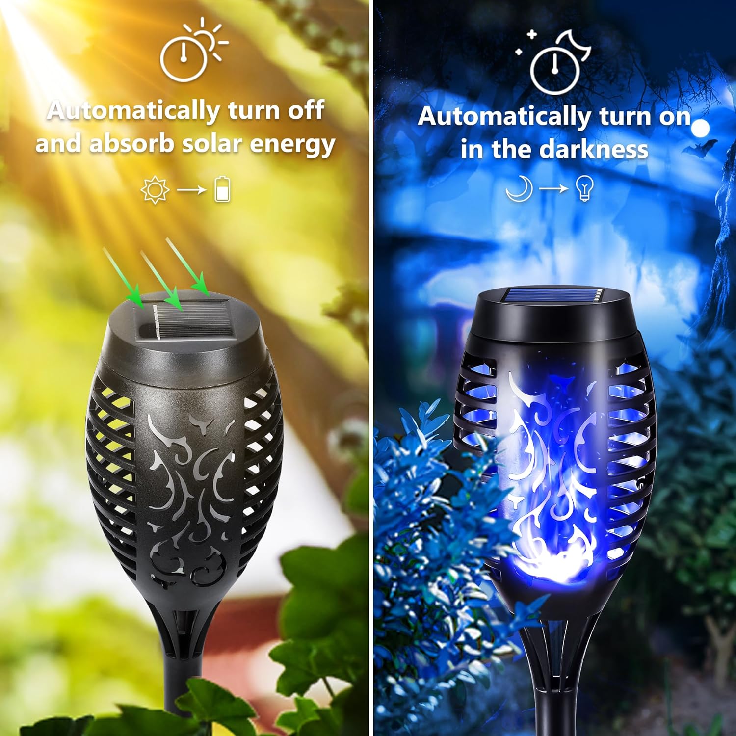 FlameLights - Solar Torch Lights Outdoor Flickering Flame, Weatherproof, Rechargeable, Garden, Patio - Blue