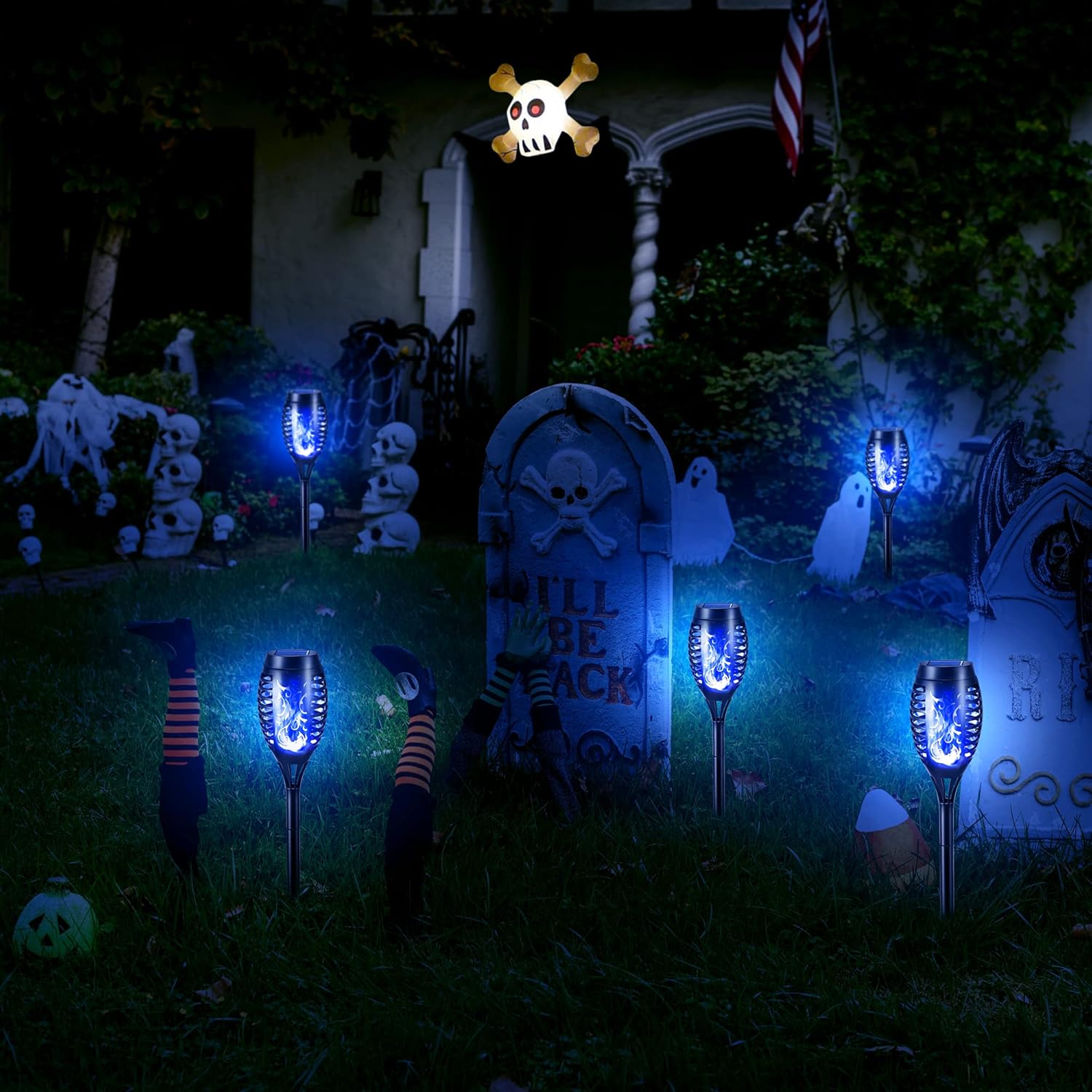 FlameLights - Solar Torch Lights Outdoor Flickering Flame, Weatherproof, Rechargeable, Garden, Patio - Blue