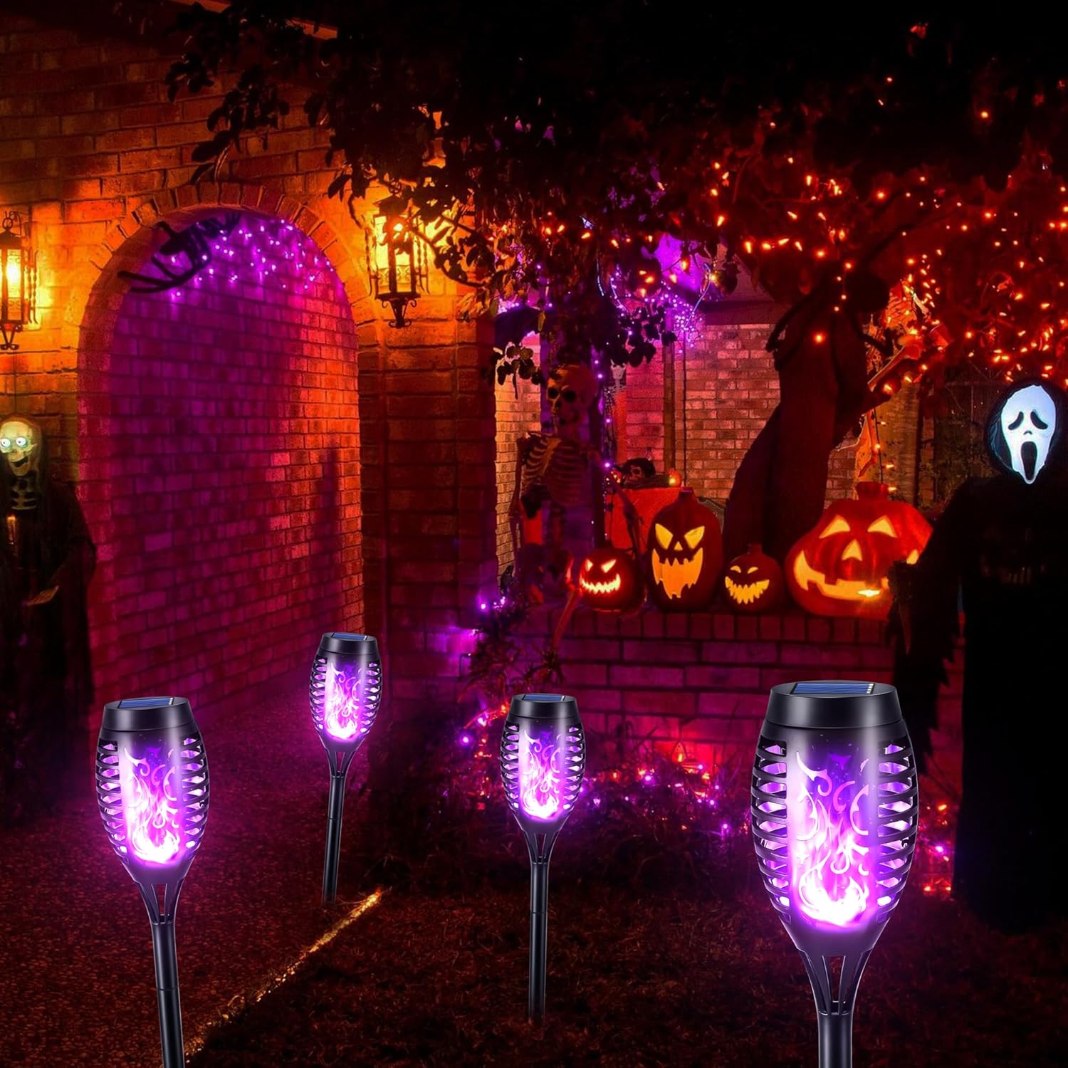 FlameLights - Solar Torch Lights Outdoor Flickering Flame, Weatherproof, Rechargeable, Garden, Patio - Purple
