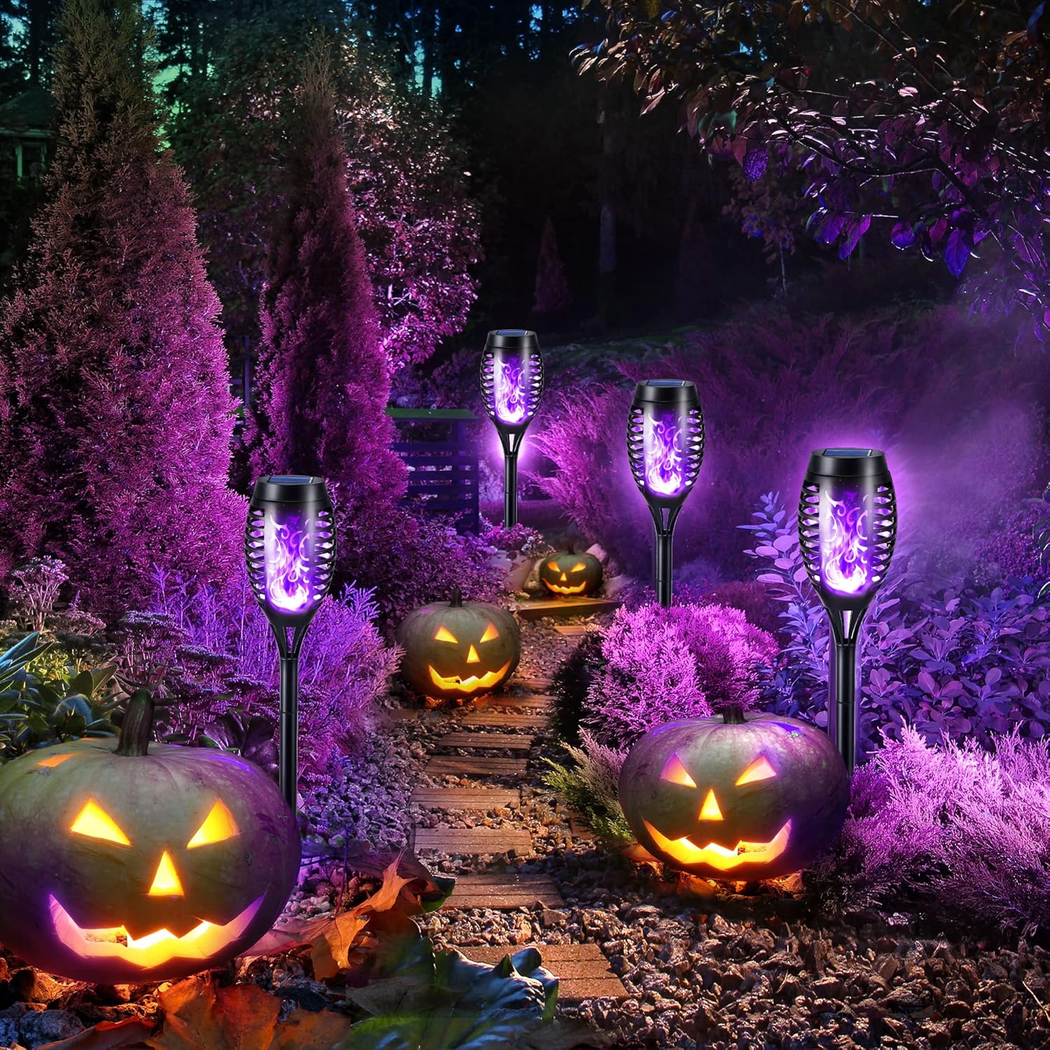 FlameLights - Solar Torch Lights Outdoor Flickering Flame, Weatherproof, Rechargeable, Garden, Patio - Purple