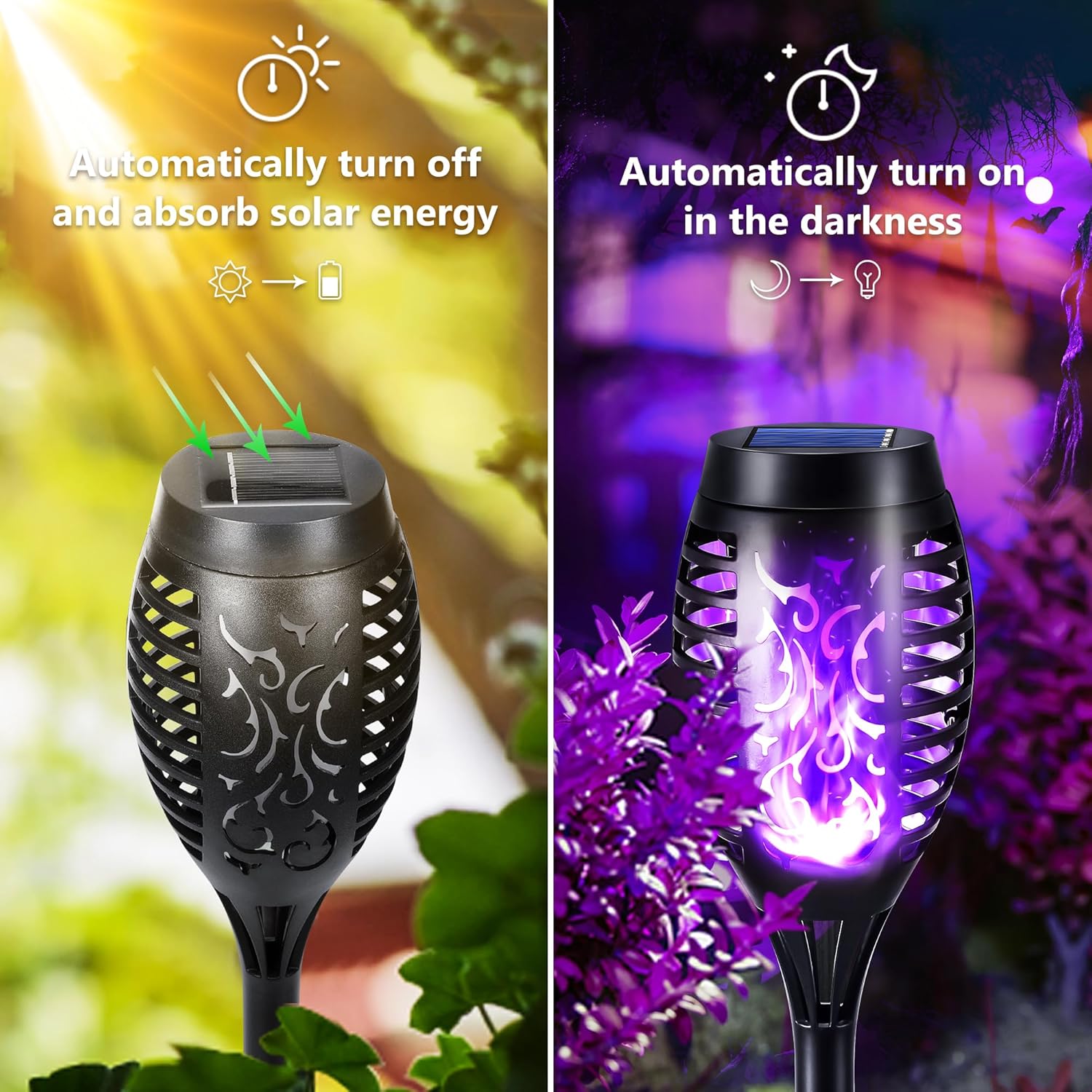FlameLights - Solar Torch Lights Outdoor Flickering Flame, Weatherproof, Rechargeable, Garden, Patio - Purple