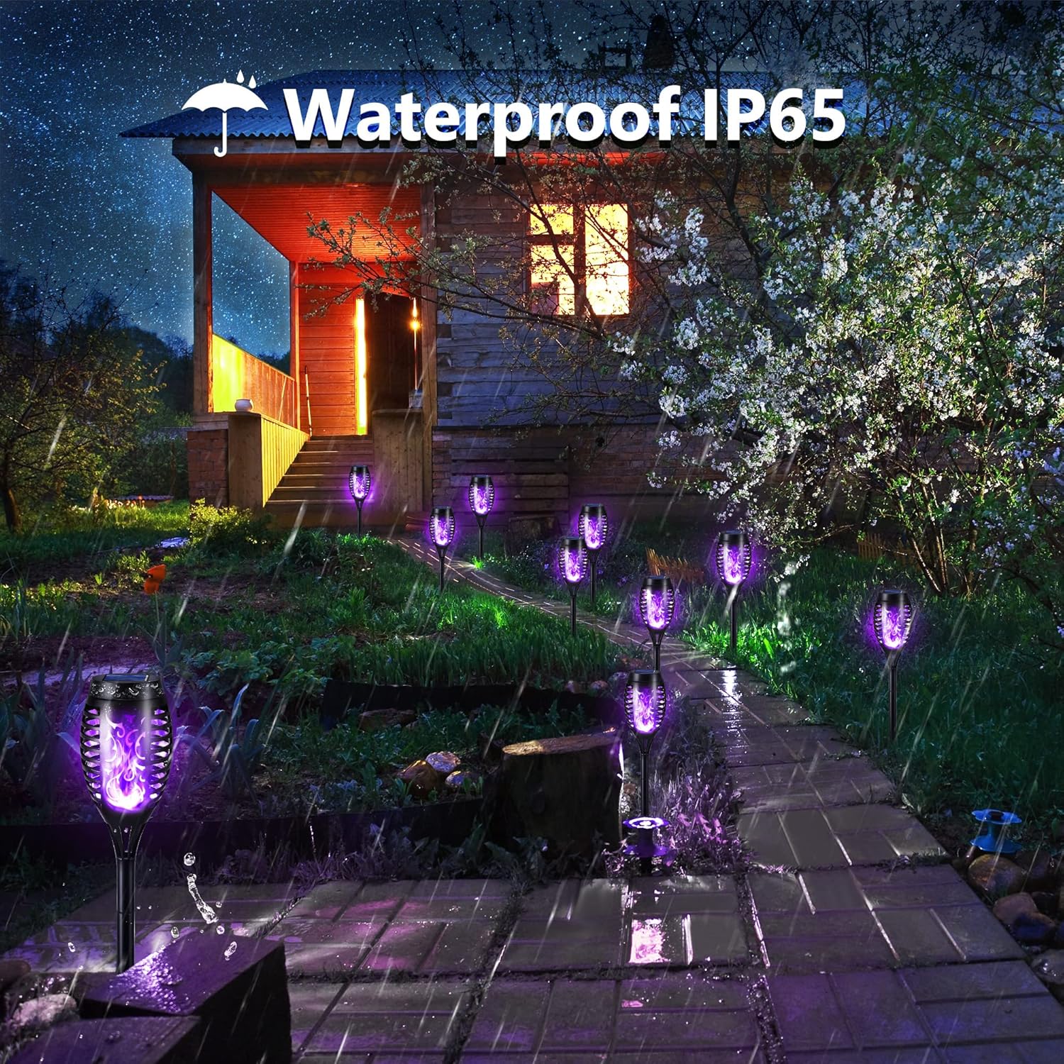 FlameLights - Solar Torch Lights Outdoor Flickering Flame, Weatherproof, Rechargeable, Garden, Patio - Purple