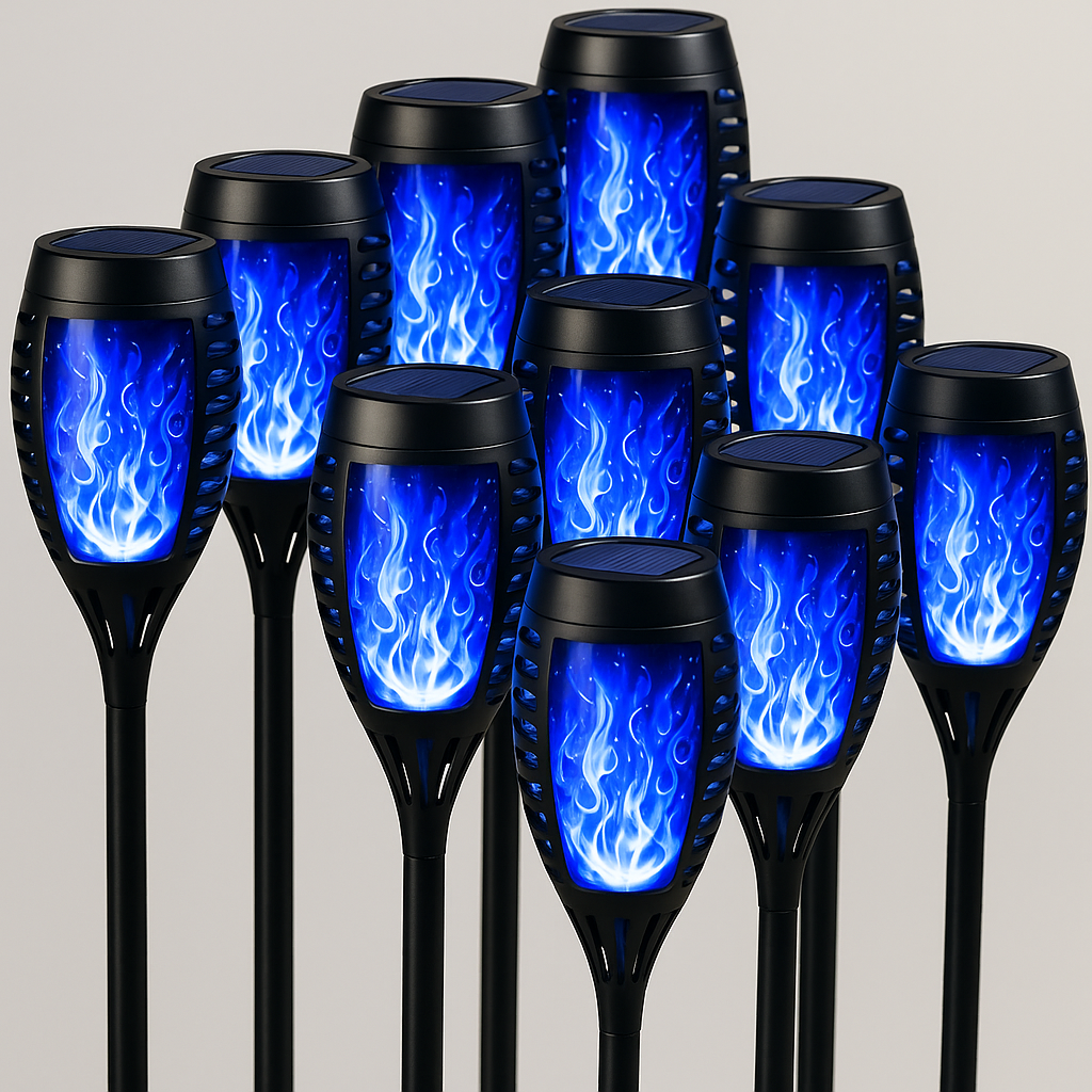 FlameLights - Solar Torch Lights Outdoor Flickering Flame, Weatherproof, Rechargeable, Garden, Patio - Blue