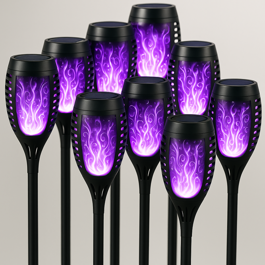FlameLights - Solar Torch Lights Outdoor Flickering Flame, Weatherproof, Rechargeable, Garden, Patio - Purple